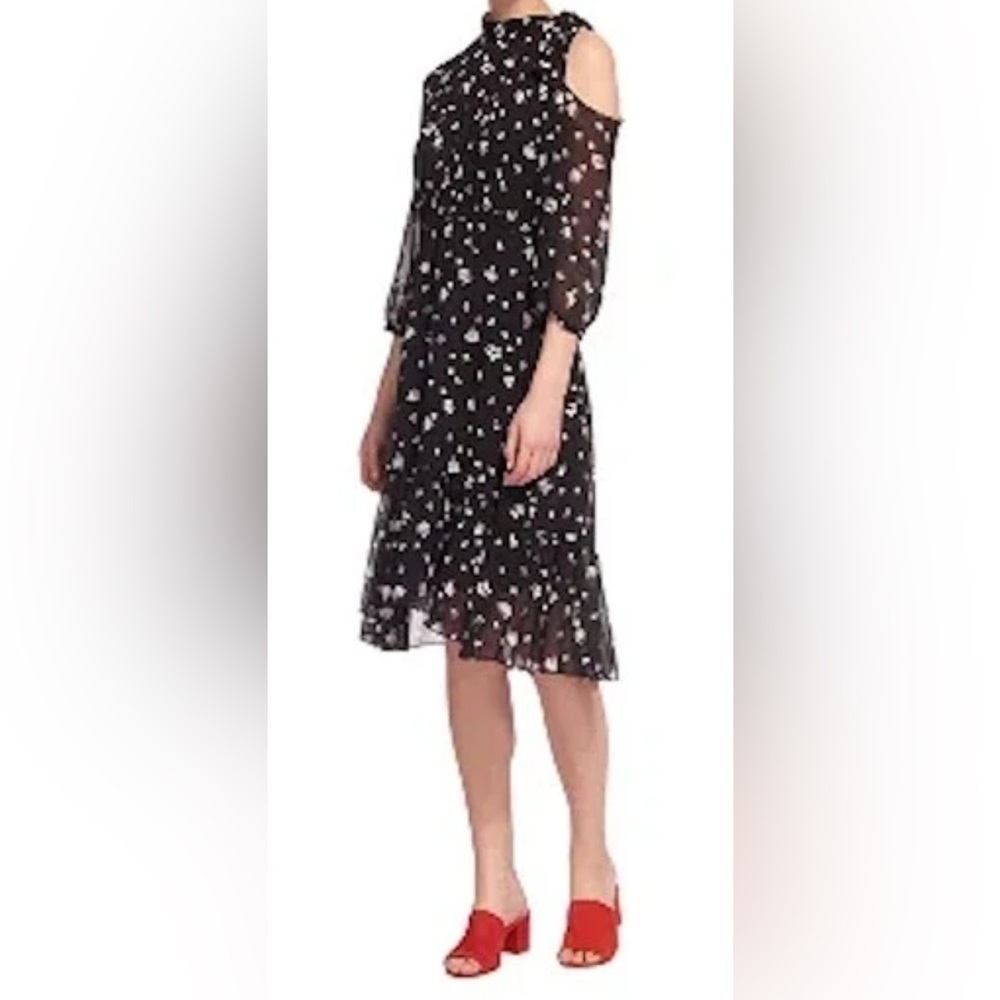 Whistles Black & White Print Open Shoulder 3/4 Sheer Sleeve Ruffle Midi Dress